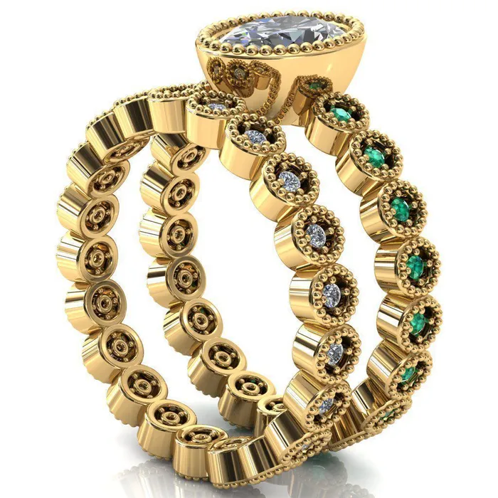 Borea Oval Center Stone Full Bezel Milgrain Emerald Accent Full Eternity Ring Fire Brilliance Rings
