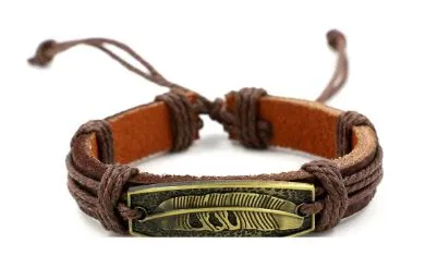 Bracelets 01 B589 Brown Leather Deep Gold Leaf Bracelet