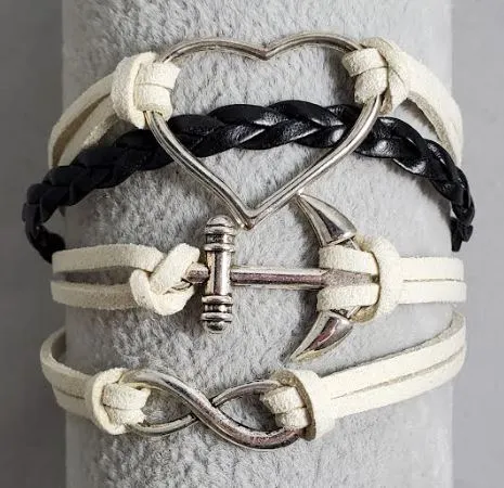 Bracelets alice AZ1262 Ivory Black Heart Anchor Infinity Layer Leather Bracelet