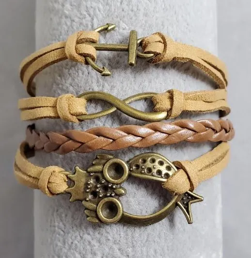 Bracelets alice AZ1481 Brown Anchor Owl Infinity Layer Leather Bracelet