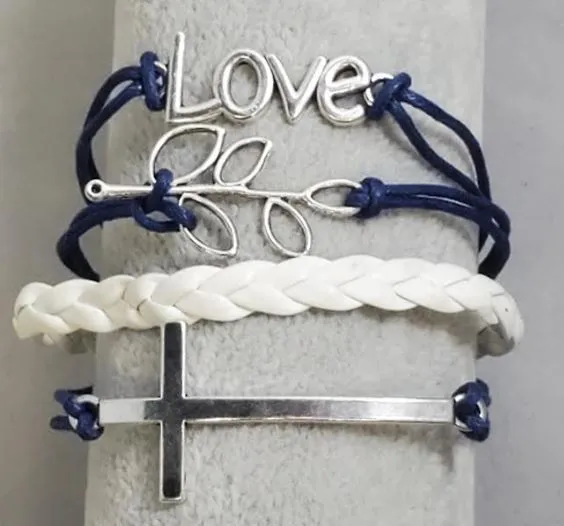 Bracelets alice B1290 Blue White Love Cross Leaf Leather Layer Bracelet