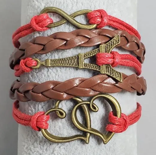 Bracelets AZ474 Red Brown Eiffel Tower Heart Infinity Leather Layer Bracelet alice