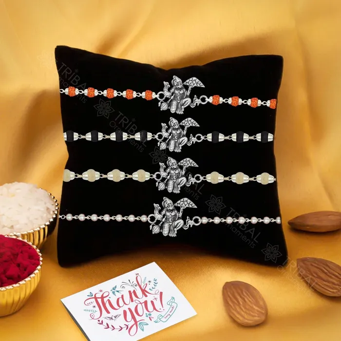 Bracelets Trendy Unique Stylish lord hanuman 925 sterling silver Rakhi bracelet in rudrakshblack basilwhite basil and silver beaded chain rk260 TRIBAL ORNAMENTS Bracelets Trendy Unique Stylish lord hanuman 925 sterling silver Rakhi bracelet in rudrakshblack basilwhite basil and silver beaded chain rk260 TRIBAL ORNAMENTS