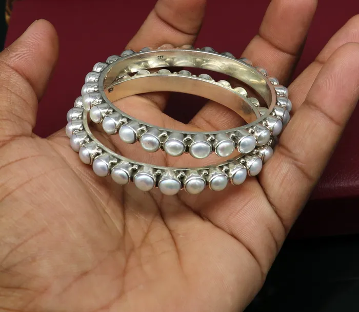Bracelets TRIBAL ORNAMENTS Excellent designer 925 sterling silver pearl bangle bracelet fabulous oxidized customized brides gifting pearl bangle bracelet ba103