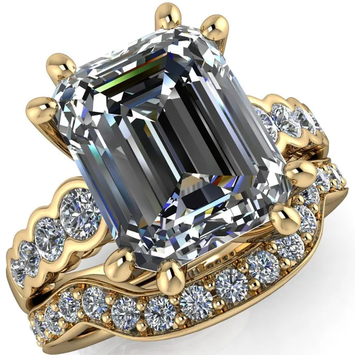 Calypso Emerald Center Stone 8 Prong Shared Bezel Shank Engagement Ring Fire Brilliance Rings Calypso Emerald Center Stone 8 Prong Shared Bezel Shank Engagement Ring Fire Brilliance Rings