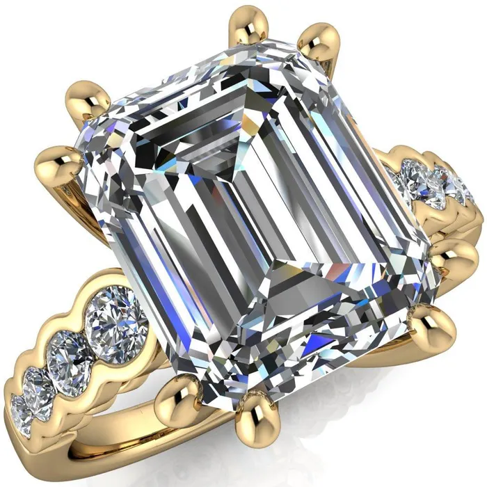 Calypso Emerald Center Stone 8 Prong Shared Bezel Shank Engagement Ring Fire Brilliance Rings
