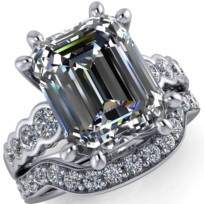 Calypso Emerald Center Stone 8 Prong Shared Bezel Shank Engagement Ring Fire Brilliance Rings