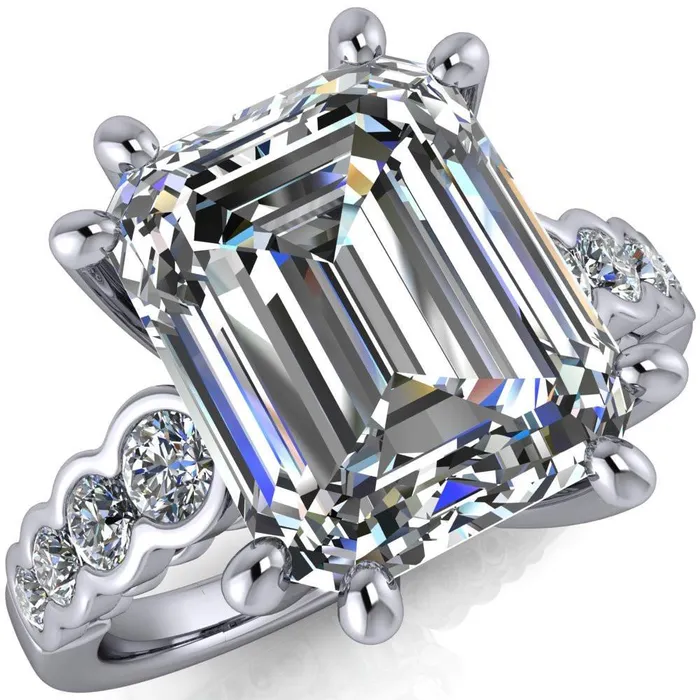 Calypso Emerald Center Stone 8 Prong Shared Bezel Shank Engagement Ring Fire Brilliance Rings
