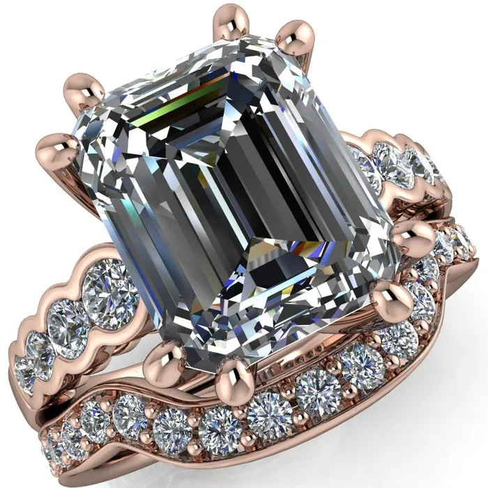 Calypso Emerald Center Stone 8 Prong Shared Bezel Shank Engagement Ring Fire Brilliance Rings