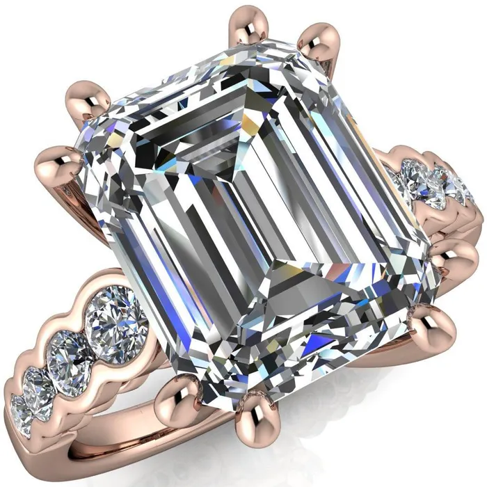 Calypso Emerald Center Stone 8 Prong Shared Bezel Shank Engagement Ring Fire Brilliance Rings
