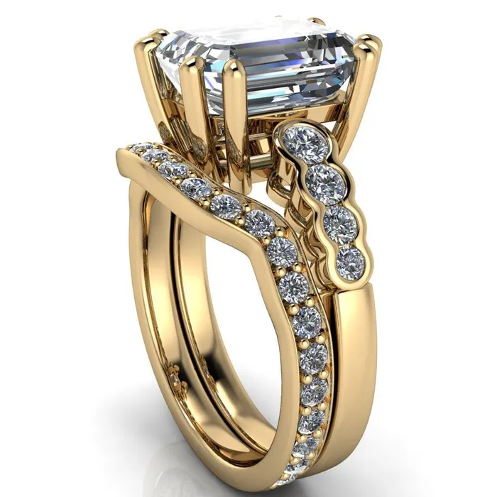 Calypso Emerald Center Stone 8 Prong Shared Bezel Shank Engagement Ring Fire Brilliance Rings