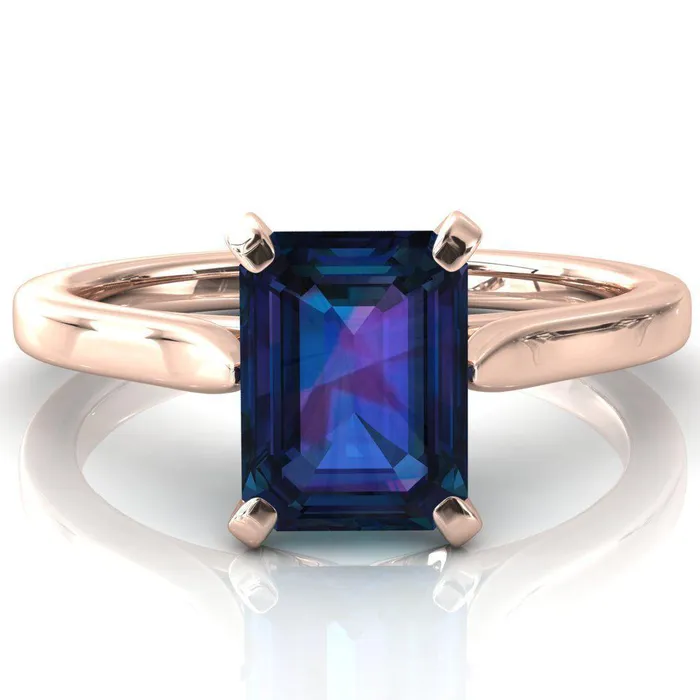 Darci Emerald Alexandrite 4 Prong Cathedral Solitaire Engagement Ring Fire Brilliance Rings