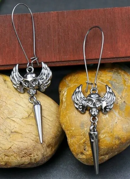 E1079 Silver Color Winged Skull with Spike Earrings polly Earrings