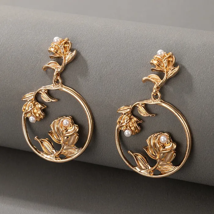 E1691 Gold Rose Pearl Circle Dangle Earrings 01 Earrings