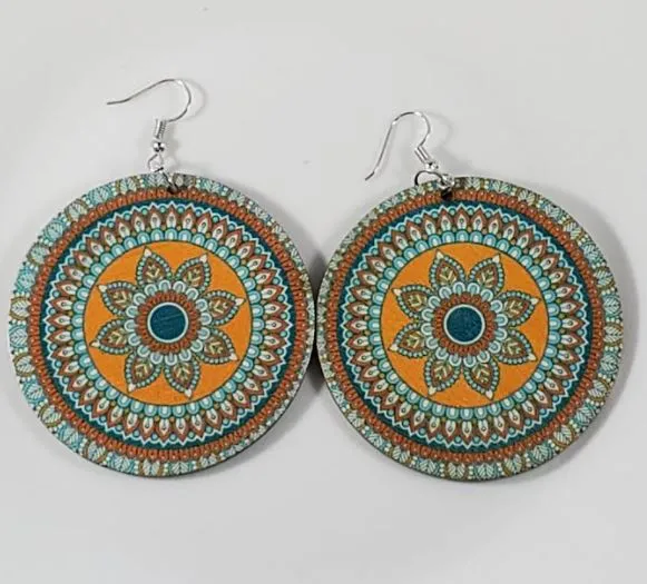 E239 Large Round Wooden Orange Turquoise Flower Earrings polly Earrings