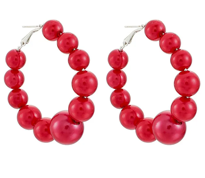 E349 Large Red Pearl Hoop Earrings 02 Earrings