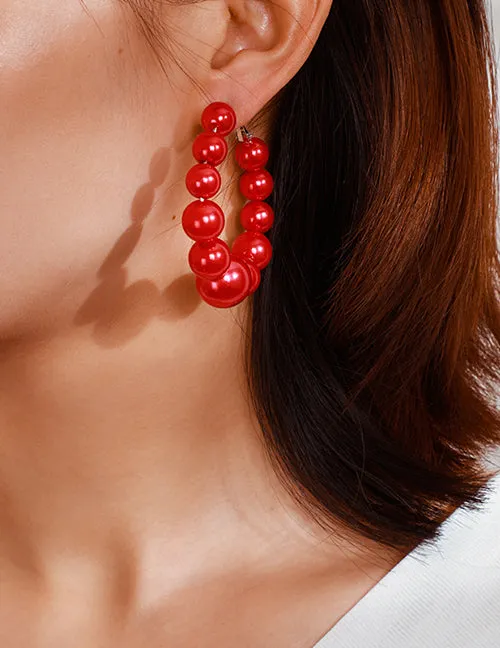 E349 Large Red Pearl Hoop Earrings 02 Earrings