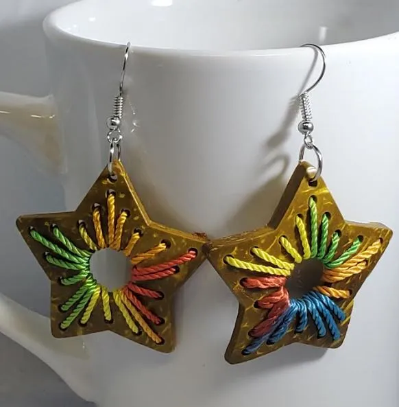 E405 Yellow Star Coconut Shell Wooden Earrings POLLY Earrings