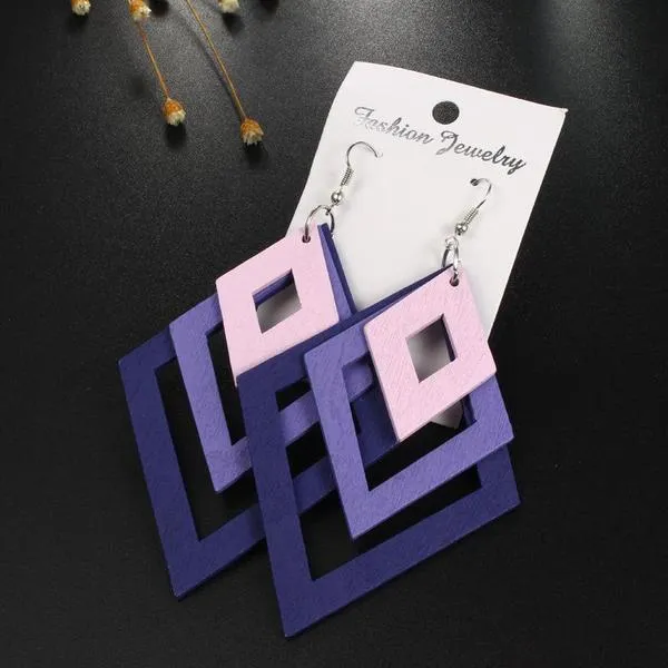 Earrings 01 E876 Large Wooden Shades of Purple Diamond Design Earrings