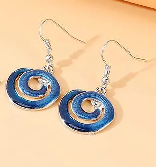 Earrings 02 E117 Silver Blue Swirl Baked Enamel Design Earrings