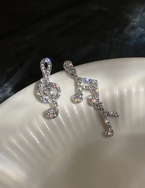 Earrings 02 E1609 Silver Rhinestone Music Note Earrings