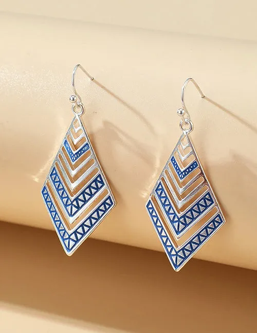 Earrings 02 E615 Silver Blue Decorated Diamond Shape Earrings
