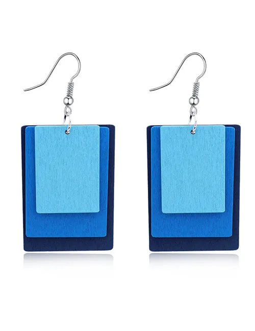 Earrings 02 E635 Shades of Blue Wooden Rectangle Earrings