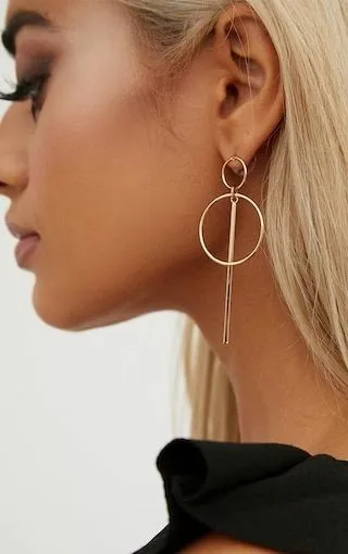 Earrings E1024 Gold Double Circle with Dangle Earrings 01
