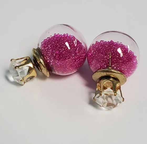 Earrings Susan E08 Gold Rhinestone Hot Pink Bead Filled Ball Earrings