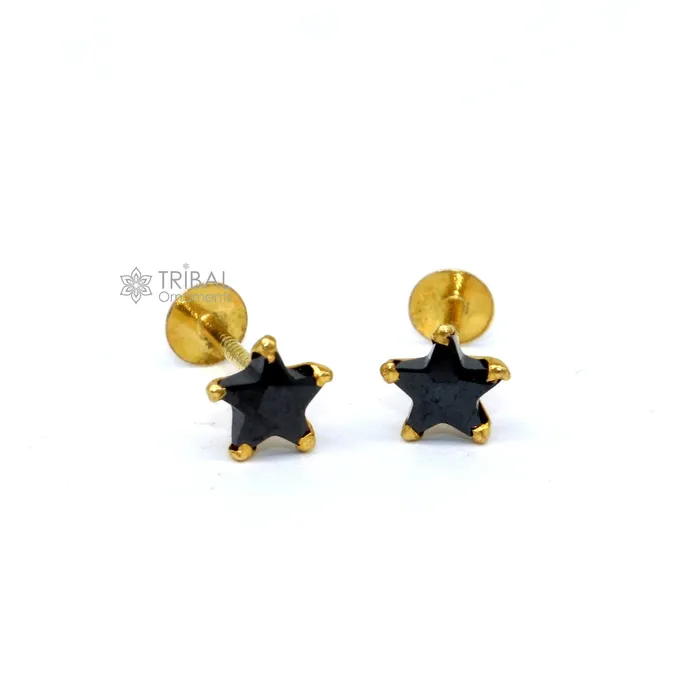 Earrings TRIBAL ORNAMENTS 25MM3MM4MM 18kt yellow gold handmade single black onyx stone back screw star shape stud earring cartilage unisex jewelry er185 Earrings TRIBAL ORNAMENTS 25MM3MM4MM 18kt yellow gold handmade single black onyx stone back screw star shape stud earring cartilage unisex jewelry er185