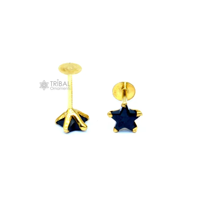 Earrings TRIBAL ORNAMENTS 25MM3MM4MM 18kt yellow gold handmade single black onyx stone back screw star shape stud earring cartilage unisex jewelry er185 Earrings TRIBAL ORNAMENTS 25MM3MM4MM 18kt yellow gold handmade single black onyx stone back screw star shape stud earring cartilage unisex jewelry er185