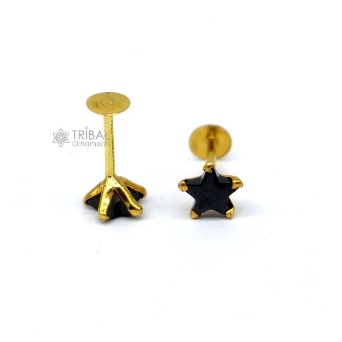 Earrings TRIBAL ORNAMENTS 25MM3MM4MM 18kt yellow gold handmade single black onyx stone back screw star shape stud earring cartilage unisex jewelry er185 Earrings TRIBAL ORNAMENTS 25MM3MM4MM 18kt yellow gold handmade single black onyx stone back screw star shape stud earring cartilage unisex jewelry er185