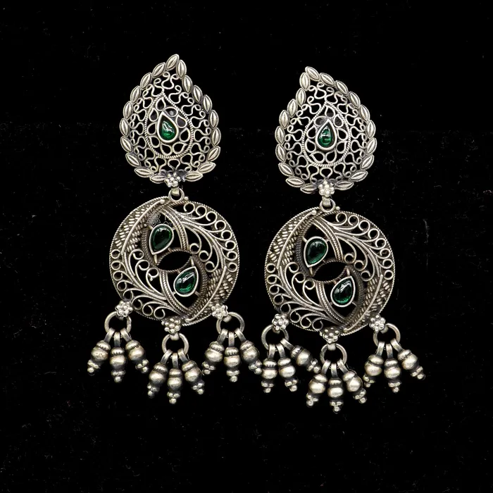 Earrings TRIBAL ORNAMENTS 925 sterling silver fabulous unique filigree work design gree stone stud earrings with hanging drops ethnic brides jewellery India s1315 Earrings TRIBAL ORNAMENTS 925 sterling silver fabulous unique filigree work design gree stone stud earrings with hanging drops ethnic brides jewellery India s1315