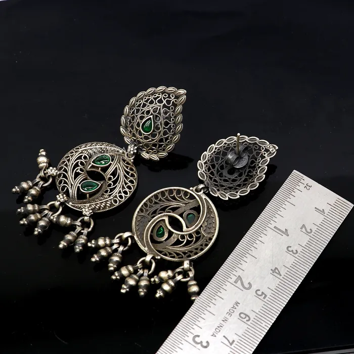 Earrings TRIBAL ORNAMENTS 925 sterling silver fabulous unique filigree work design gree stone stud earrings with hanging drops ethnic brides jewellery India s1315 Earrings TRIBAL ORNAMENTS 925 sterling silver fabulous unique filigree work design gree stone stud earrings with hanging drops ethnic brides jewellery India s1315