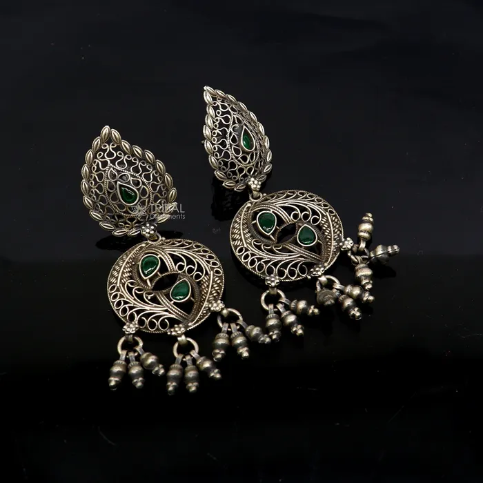 Earrings TRIBAL ORNAMENTS 925 sterling silver fabulous unique filigree work design gree stone stud earrings with hanging drops ethnic brides jewellery India s1315 Earrings TRIBAL ORNAMENTS 925 sterling silver fabulous unique filigree work design gree stone stud earrings with hanging drops ethnic brides jewellery India s1315