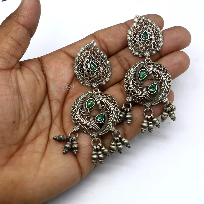 Earrings TRIBAL ORNAMENTS 925 sterling silver fabulous unique filigree work design gree stone stud earrings with hanging drops ethnic brides jewellery India s1315 Earrings TRIBAL ORNAMENTS 925 sterling silver fabulous unique filigree work design gree stone stud earrings with hanging drops ethnic brides jewellery India s1315