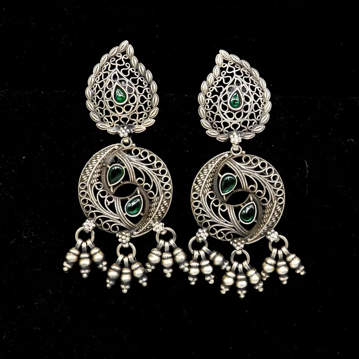Earrings TRIBAL ORNAMENTS 925 sterling silver fabulous unique filigree work design gree stone stud earrings with hanging drops ethnic brides jewellery India s1315 Earrings TRIBAL ORNAMENTS 925 sterling silver fabulous unique filigree work design gree stone stud earrings with hanging drops ethnic brides jewellery India s1315