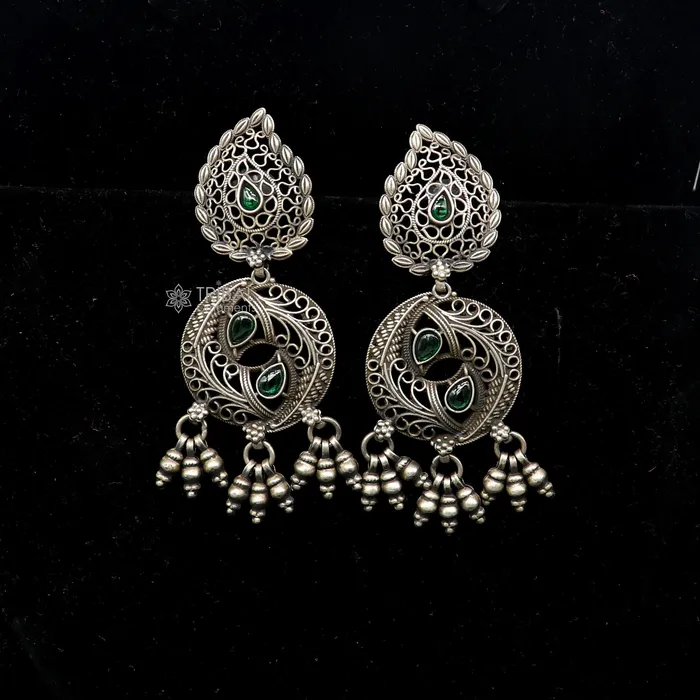 Earrings TRIBAL ORNAMENTS 925 sterling silver fabulous unique filigree work design gree stone stud earrings with hanging drops ethnic brides jewellery India s1315 Earrings TRIBAL ORNAMENTS 925 sterling silver fabulous unique filigree work design gree stone stud earrings with hanging drops ethnic brides jewellery India s1315