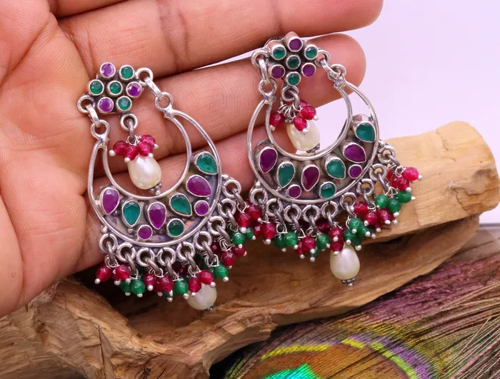 Earrings TRIBAL ORNAMENTS Vintage design 925 sterling silver handmade Gemstone stud earring drop dangling best design charm earrings hanging pearl tribal jewelry s715
