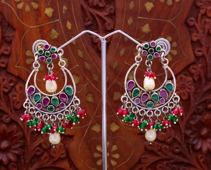Earrings TRIBAL ORNAMENTS Vintage design 925 sterling silver handmade Gemstone stud earring drop dangling best design charm earrings hanging pearl tribal jewelry s715