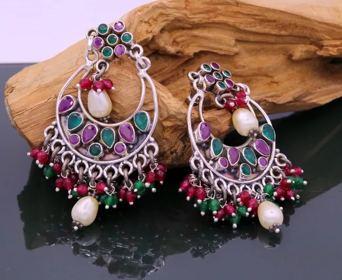 Earrings TRIBAL ORNAMENTS Vintage design 925 sterling silver handmade Gemstone stud earring drop dangling best design charm earrings hanging pearl tribal jewelry s715