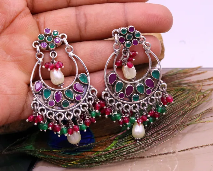 Earrings TRIBAL ORNAMENTS Vintage design 925 sterling silver handmade Gemstone stud earring drop dangling best design charm earrings hanging pearl tribal jewelry s715