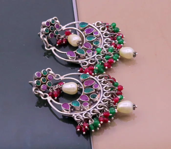 Earrings TRIBAL ORNAMENTS Vintage design 925 sterling silver handmade Gemstone stud earring drop dangling best design charm earrings hanging pearl tribal jewelry s715