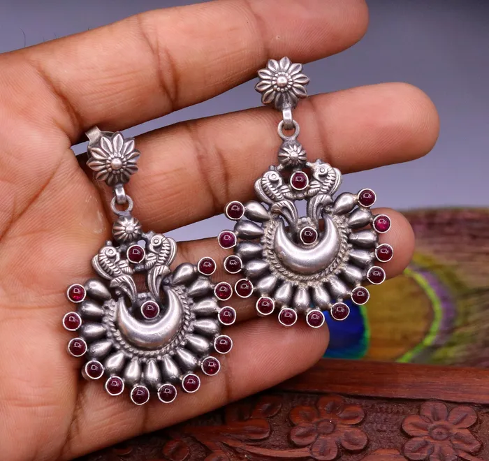 Earrings TRIBAL ORNAMENTS Vintage design moon shape bird stud earring925 sterling silver gorgeous stone jadau drop dangle earring tribal jewelry gifting s776