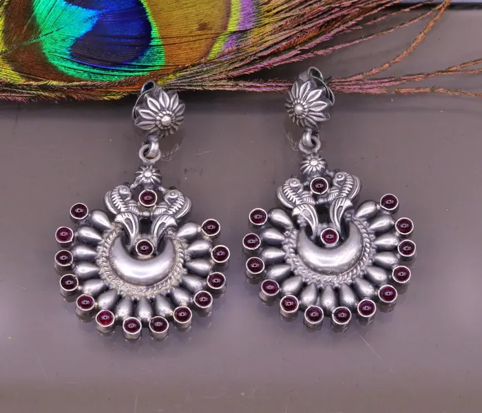 Earrings TRIBAL ORNAMENTS Vintage design moon shape bird stud earring925 sterling silver gorgeous stone jadau drop dangle earring tribal jewelry gifting s776