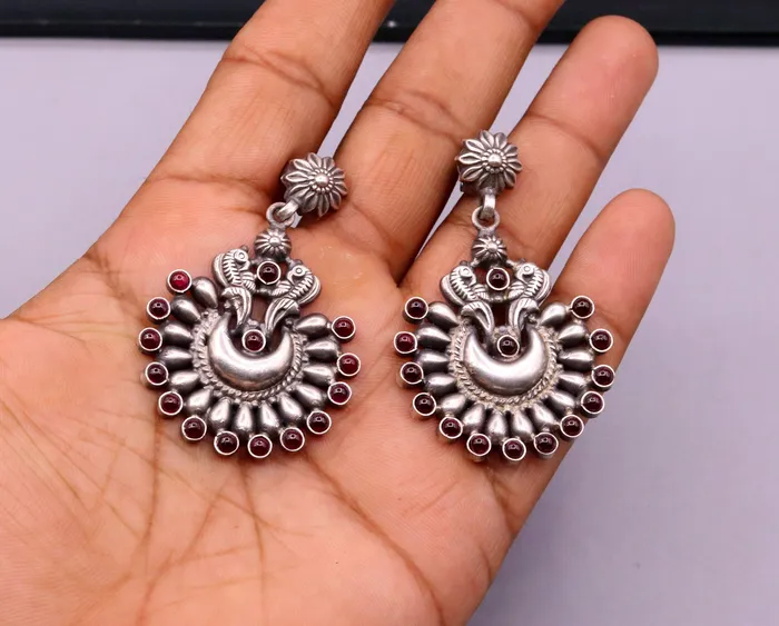 Earrings TRIBAL ORNAMENTS Vintage design moon shape bird stud earring925 sterling silver gorgeous stone jadau drop dangle earring tribal jewelry gifting s776