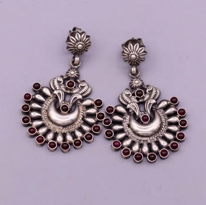 Earrings TRIBAL ORNAMENTS Vintage design moon shape bird stud earring925 sterling silver gorgeous stone jadau drop dangle earring tribal jewelry gifting s776