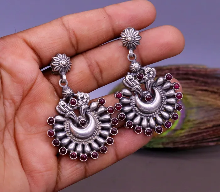 Earrings TRIBAL ORNAMENTS Vintage design moon shape bird stud earring925 sterling silver gorgeous stone jadau drop dangle earring tribal jewelry gifting s776