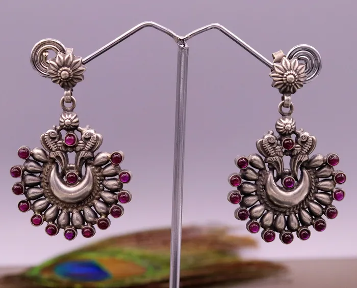 Earrings TRIBAL ORNAMENTS Vintage design moon shape bird stud earring925 sterling silver gorgeous stone jadau drop dangle earring tribal jewelry gifting s776
