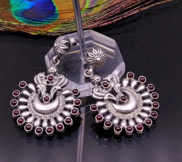 Earrings TRIBAL ORNAMENTS Vintage design moon shape bird stud earring925 sterling silver gorgeous stone jadau drop dangle earring tribal jewelry gifting s776